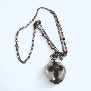 Vintage Filigree Cross Heart Necklace Pendant Clear Acrylic Beaded Chain
